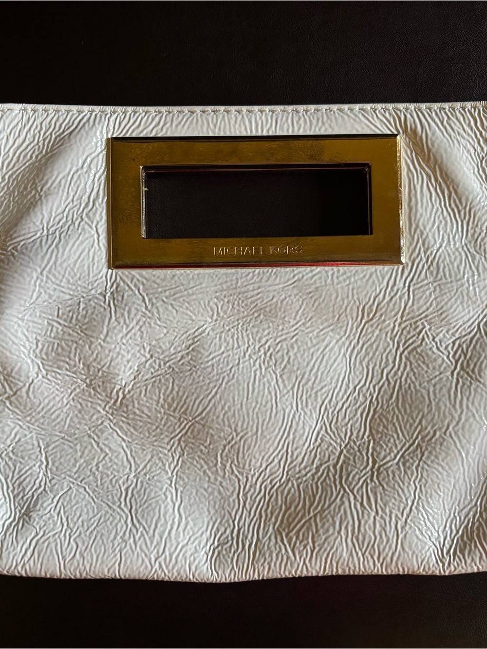 Michael Kors White Leather Clutch with Gold Logo Bar